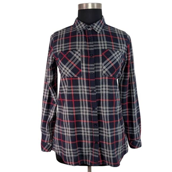 Maison Coupe L Red Navy Blue Flannel Shirt Gorpcore Split  Back Grunge Pockets - Picture 1 of 7